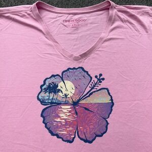 Life Is Good Shirt Womens XXL Pink Crusher Tee Hibiscus Flower Beach Cotton